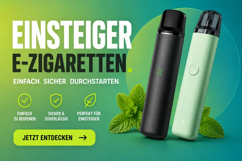 Zwei E-Zigaretten für Einsteiger vor grünem Hintergrund mit Minzblättern und Hinweisen auf einfache Bedienung sowie sicheres Dampfen.